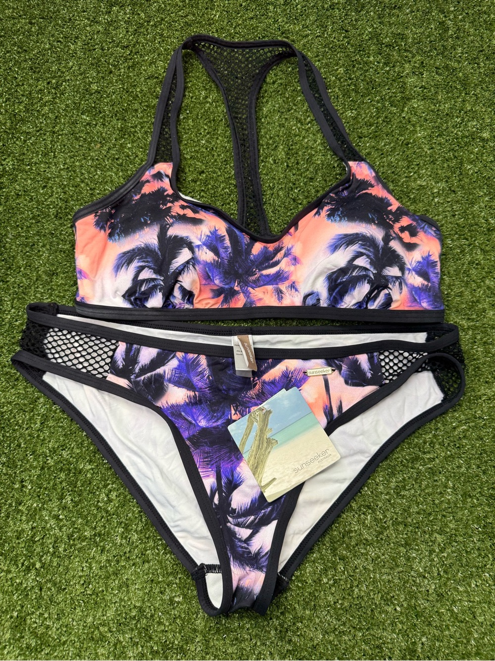 NWT Sunseeker For Venus Bikini Set Palm Tree Tropical Razorback Black Mesh 12